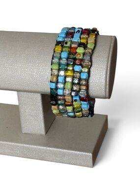 Hand Crafted Multicolor Natural Stone Beaded Wide Band Stretch Bracelet